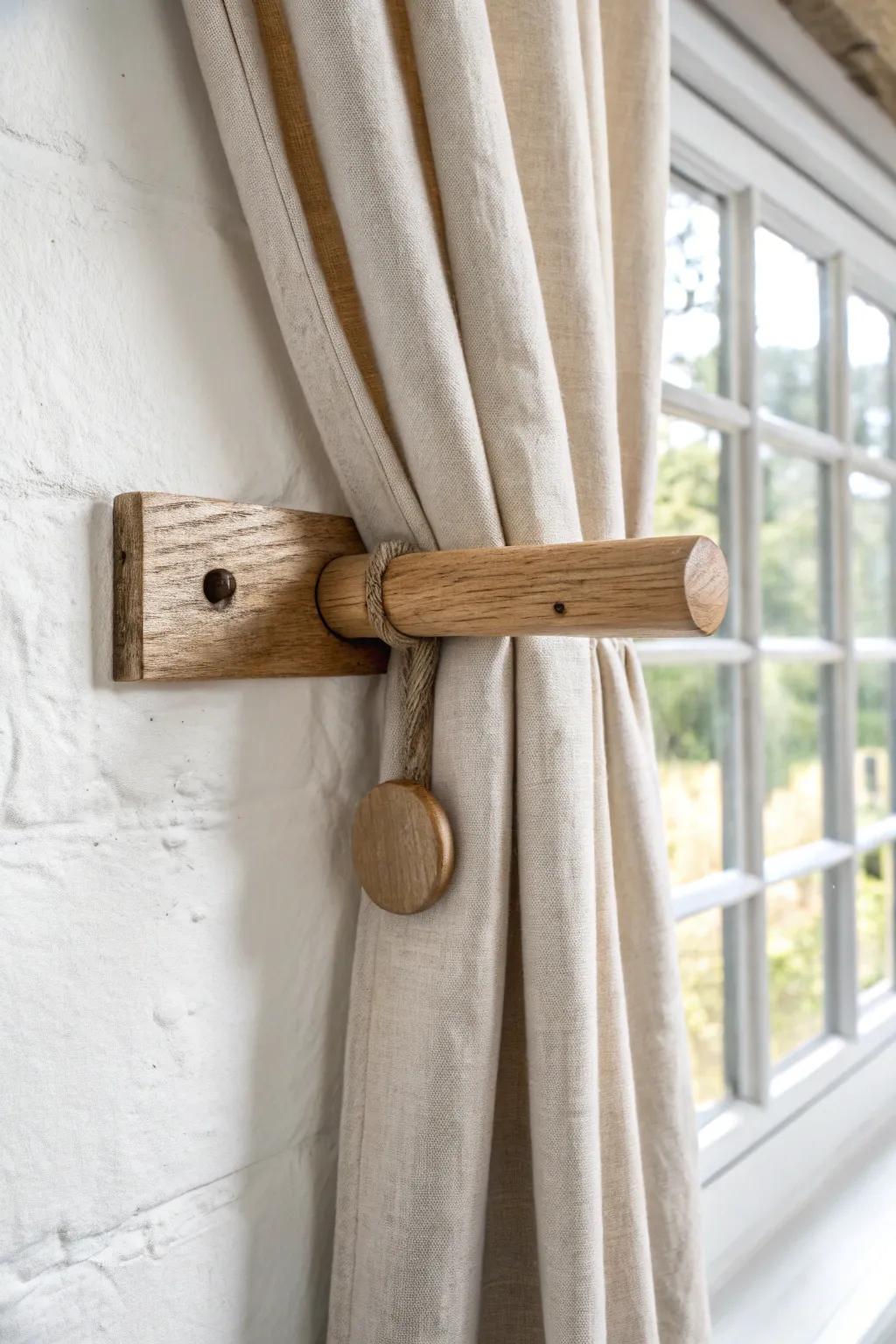 Whittled wood peg rail tie back—simple, rustic, and beautifully practical in linen and oak.