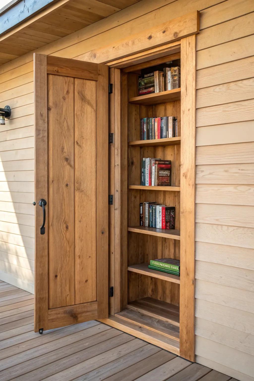 A rustic hidden bookshelf door—knotty wood, clean trim, and a secret den entrance.