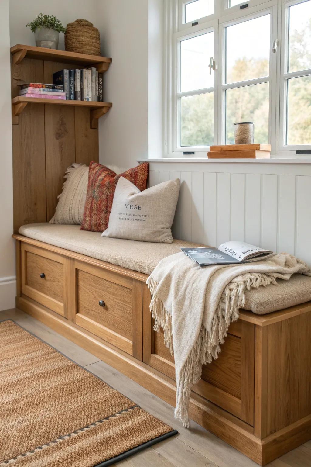 A rustic built-in reading nook bench with hidden storage—minimal, warm, and irresistibly cozy.