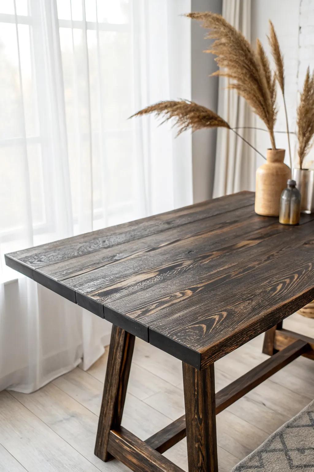 Smoky charred wood tabletop: rustic grain, sealed sheen, Scandinavian calm with boho warmth.