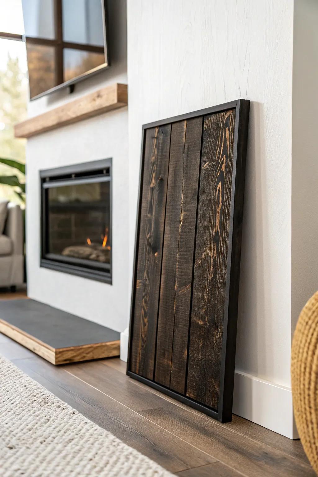 Deep brown charred-wood panel adds bold earthy contrast with minimalist Scandinavian calm.