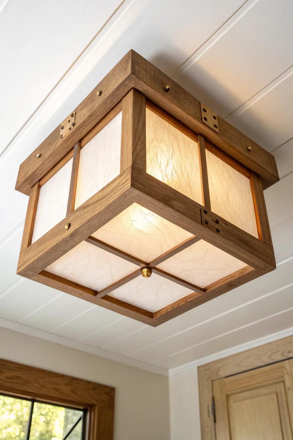 White oak box flush mount with riveted leather straps—rustic warmth, clean Scandinavian lines.