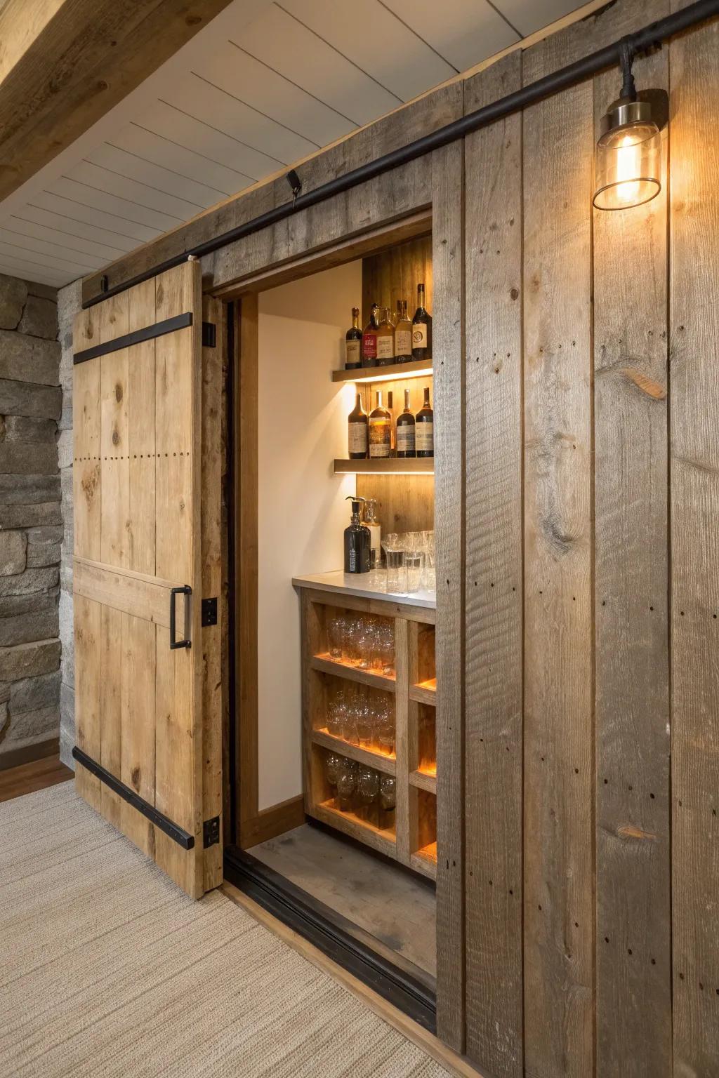 A reclaimed wood panel swings open to reveal a secret mini bar—rustic, clean, and wow-worthy.