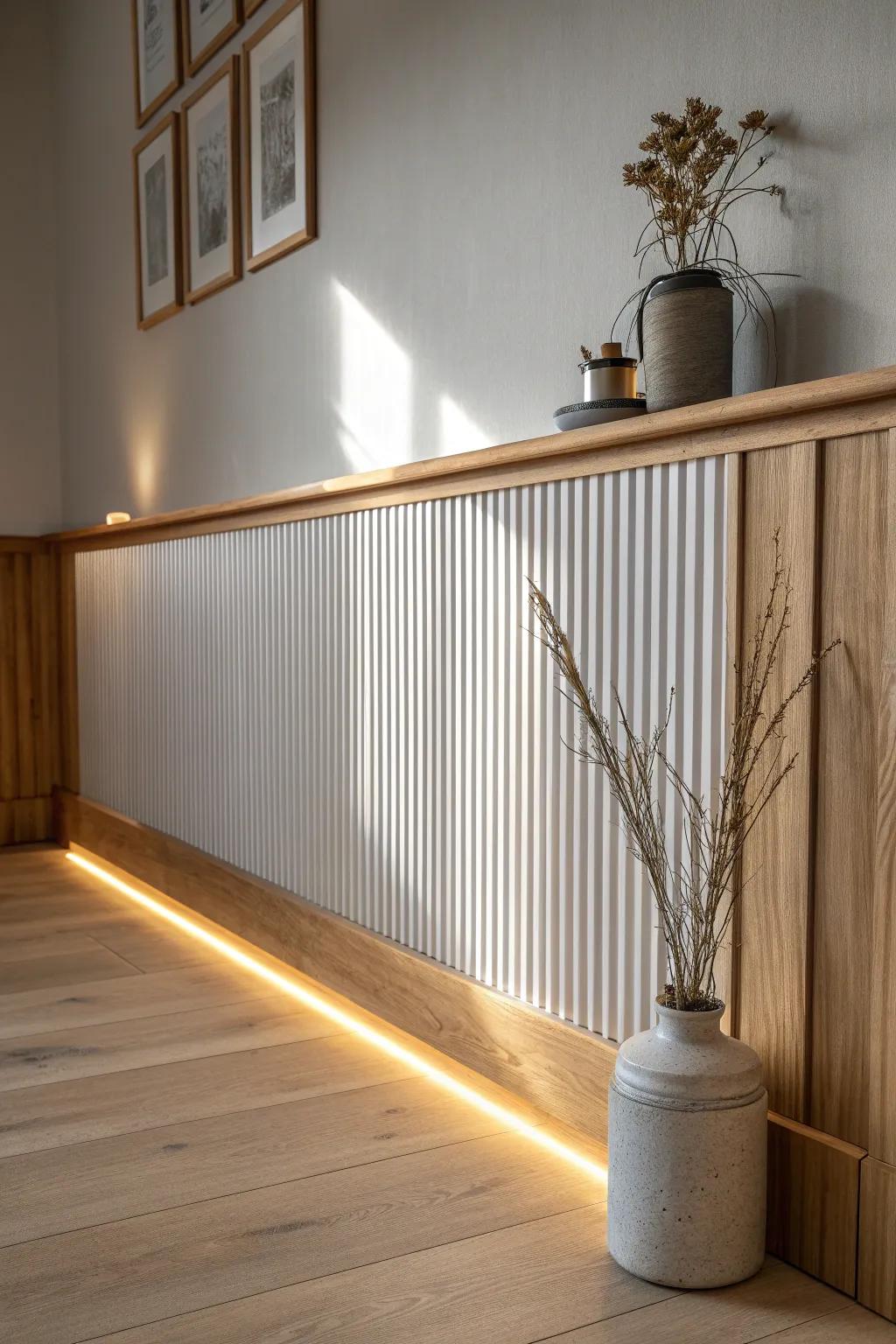 Warm backlighting under a floating wood cap turns corrugated tin into moody wall texture.