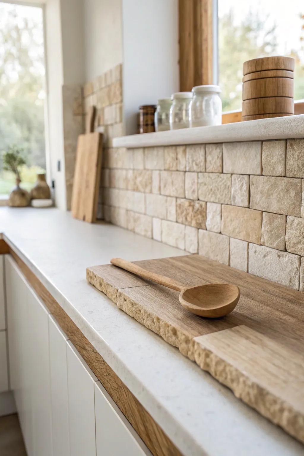 Rustic-luxe backsplash: tumbled stone paired with a slim oak ledge for simple everyday styling.