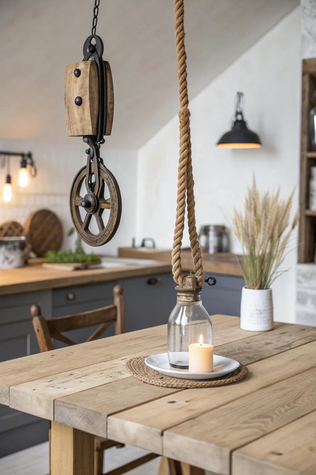 A pulley pendant you can lower for prep—rustic charm with clean Scandinavian calm.
