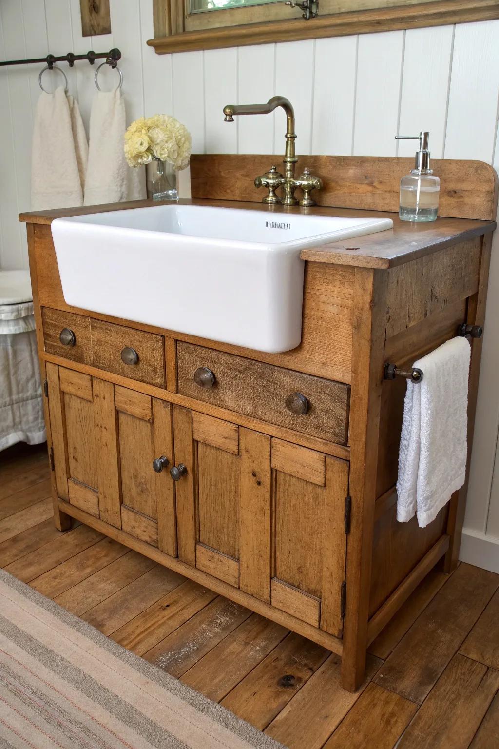 Antique dresser turned sink cabinet—weathered wood, deep apron sink, pure rustic charm.