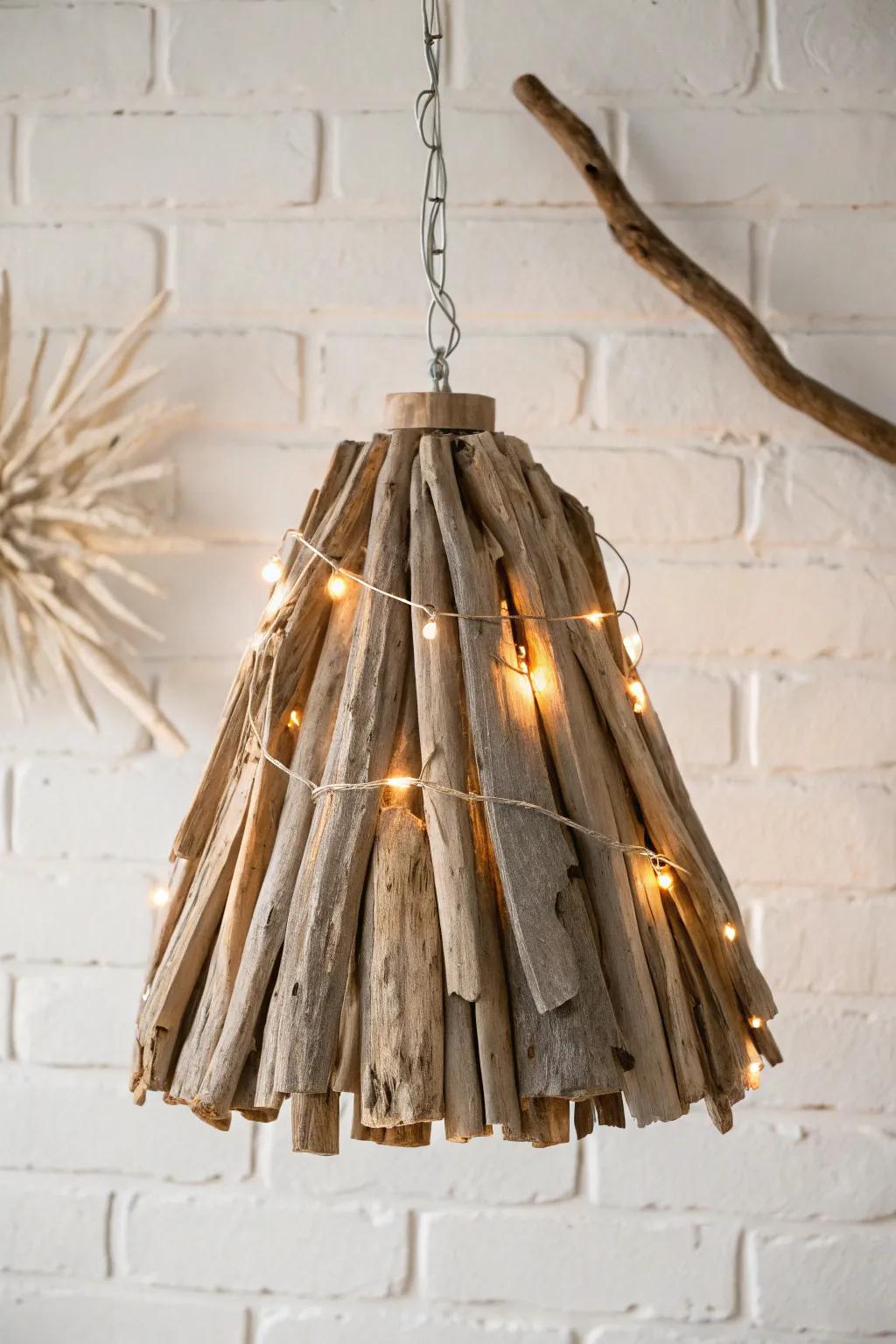 Driftwood pendant sculpture with hidden warm lights—rustic glow, minimalist, and handmade.