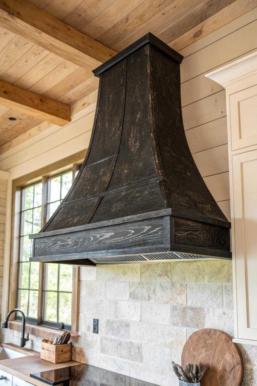 Charred Shou Sugi Ban hood: dramatic, fingerprint-friendly, and rich with crackled grain.