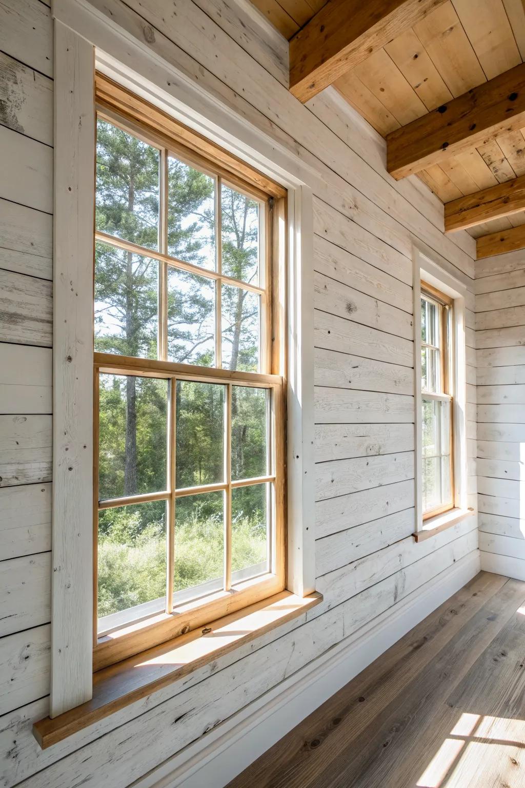 Rustic shiplap framing turns a plain window into a crisp, custom Scandinavian focal point.