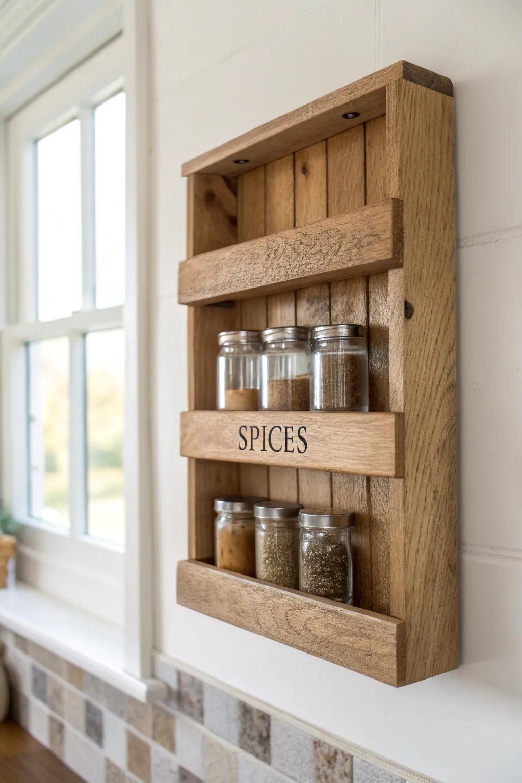 Rustic spice rack with burned-in “SPICES” label—minimal lines, heirloom DIY warmth.