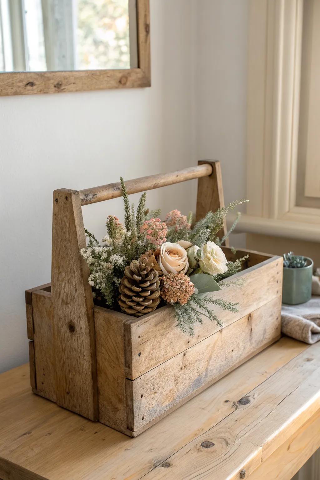 Pastel pinecone flowers in a worn wooden toolbox—rustic spring charm with a handmade twist.