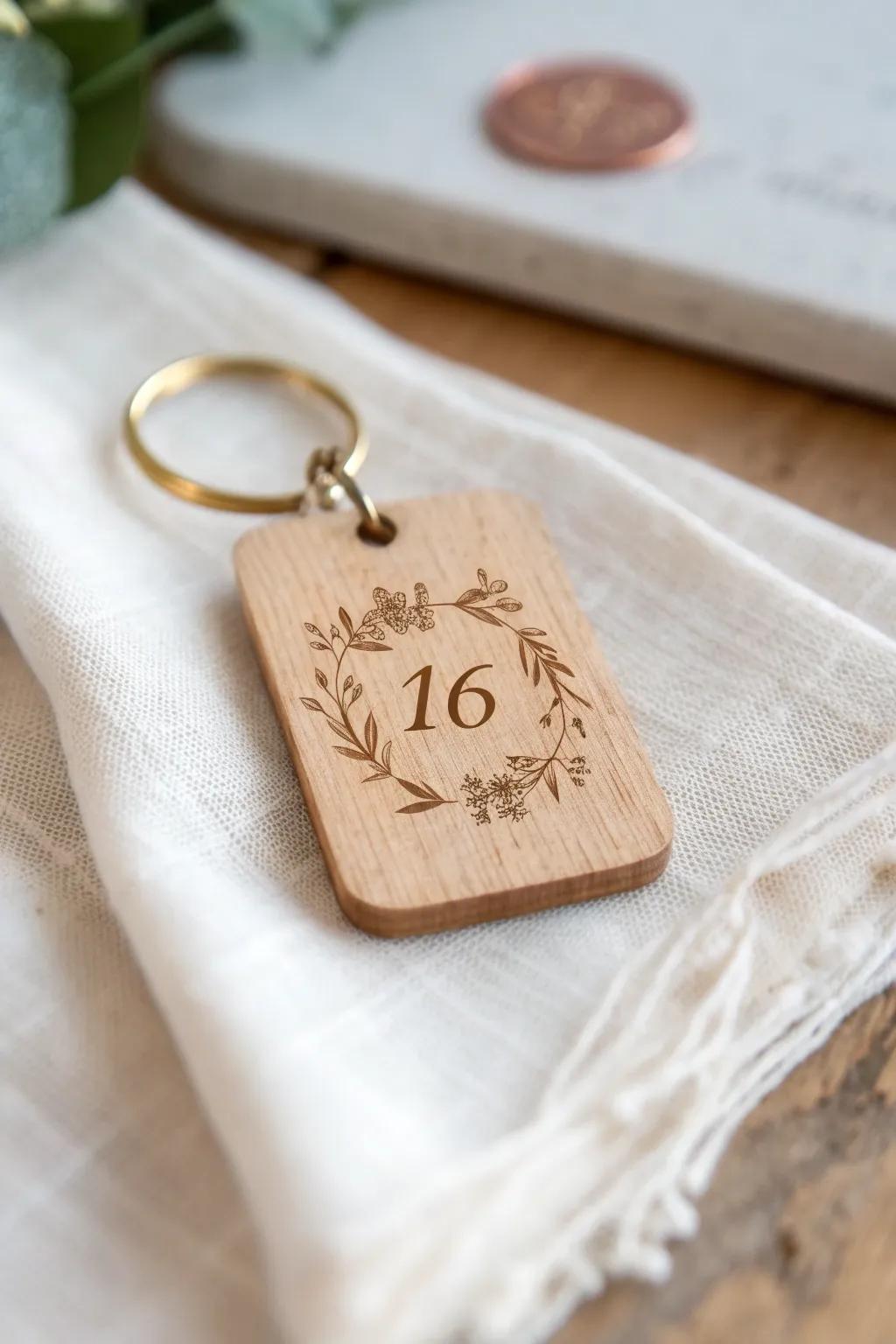 Rustic Sweet 16 favor idea: a stamped wood tag keychain guests can DIY and take home.