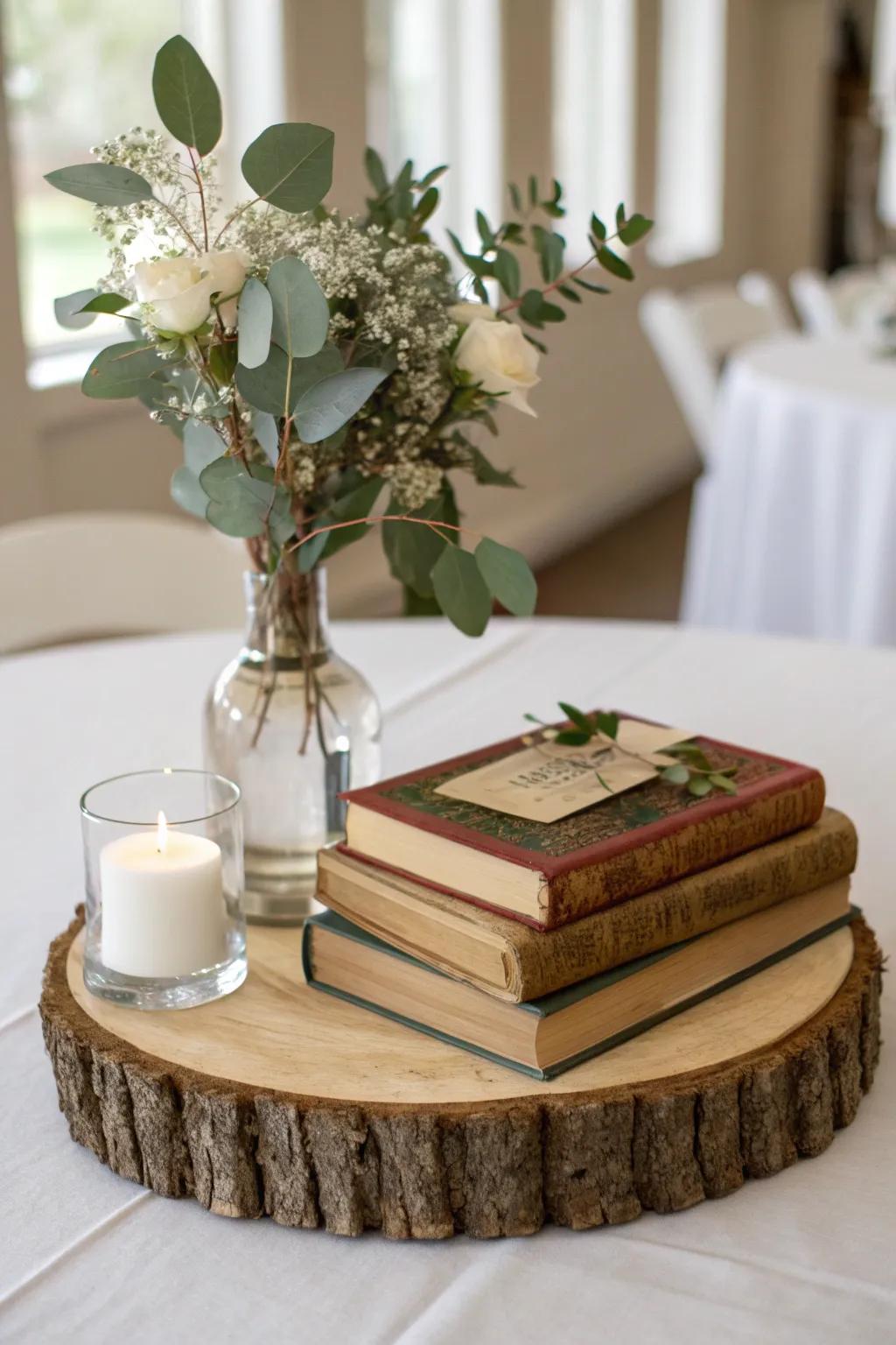 Vintage book stack on a wood slice—simple, story-filled rustic wedding centerpiece.
