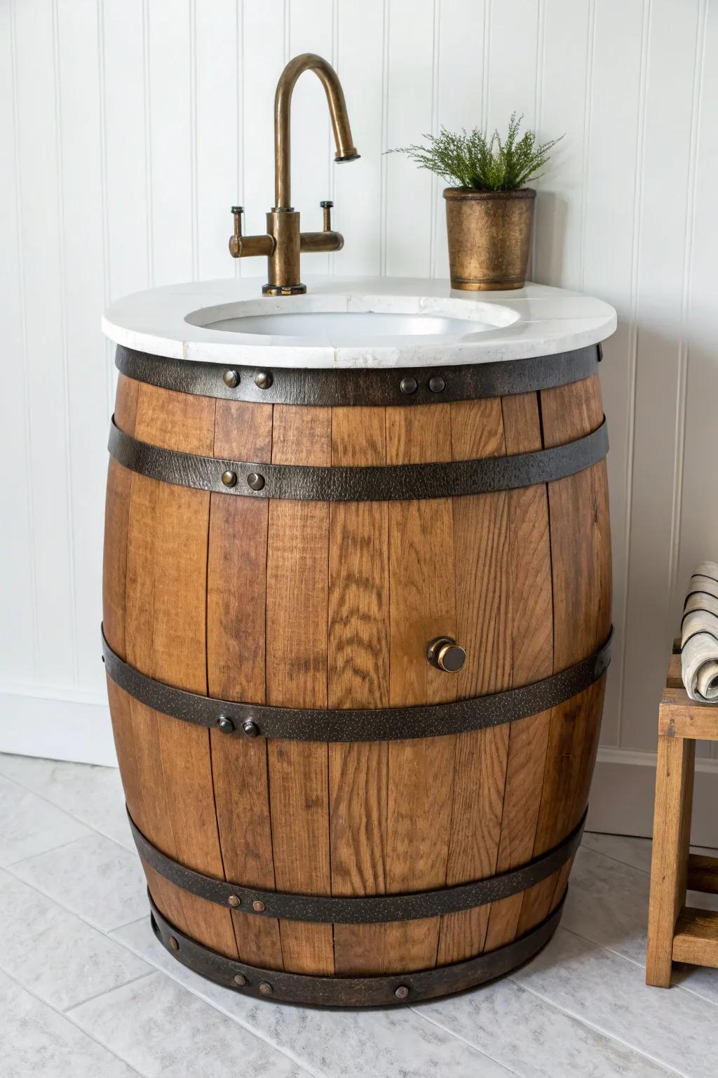 Whiskey barrel sink base with hidden waterproof liner—rustic charm in a minimalist wet bar.