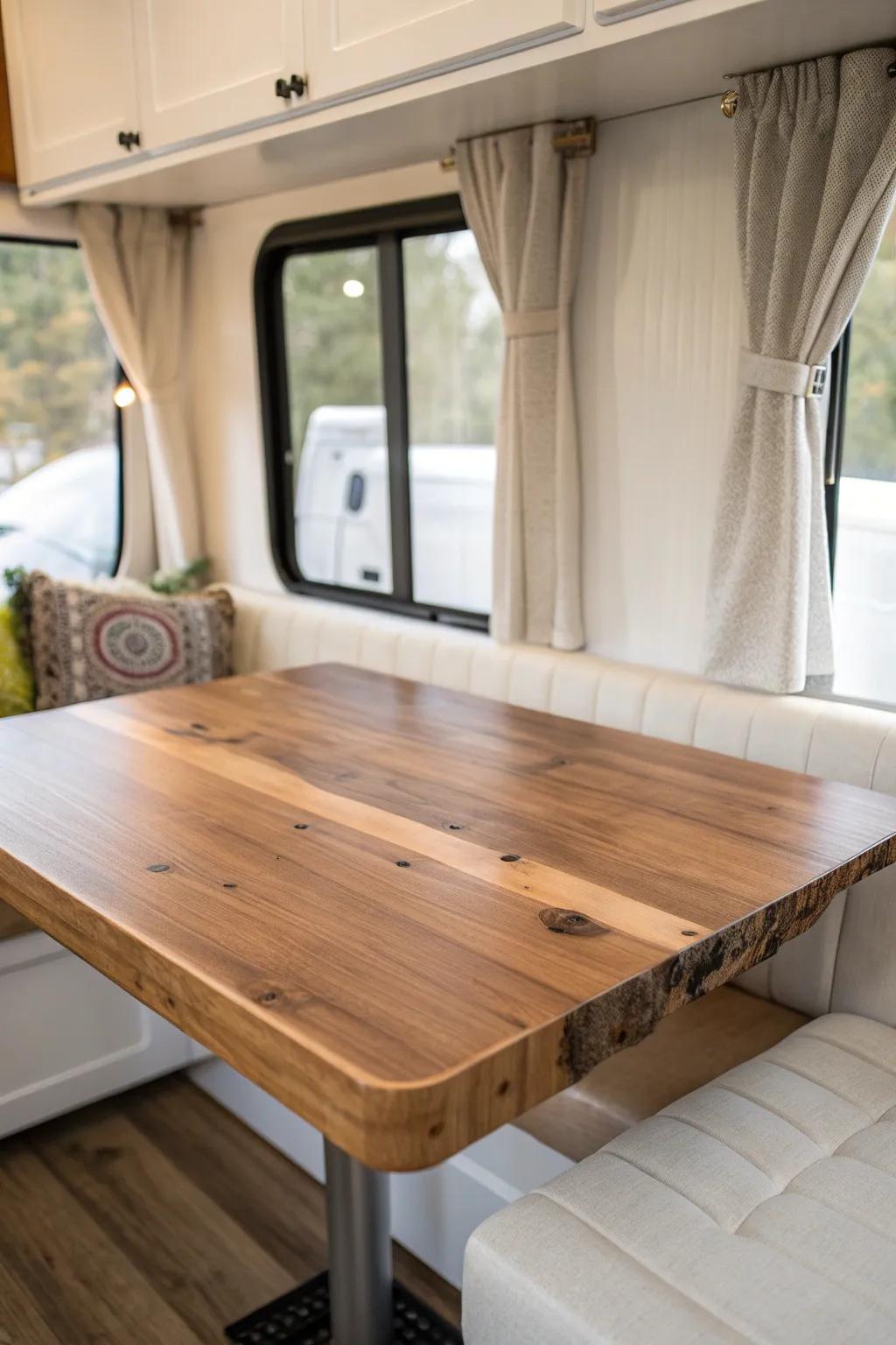 Rounded, sealed live-edge RV dining table: natural grain charm without snagging on the road.