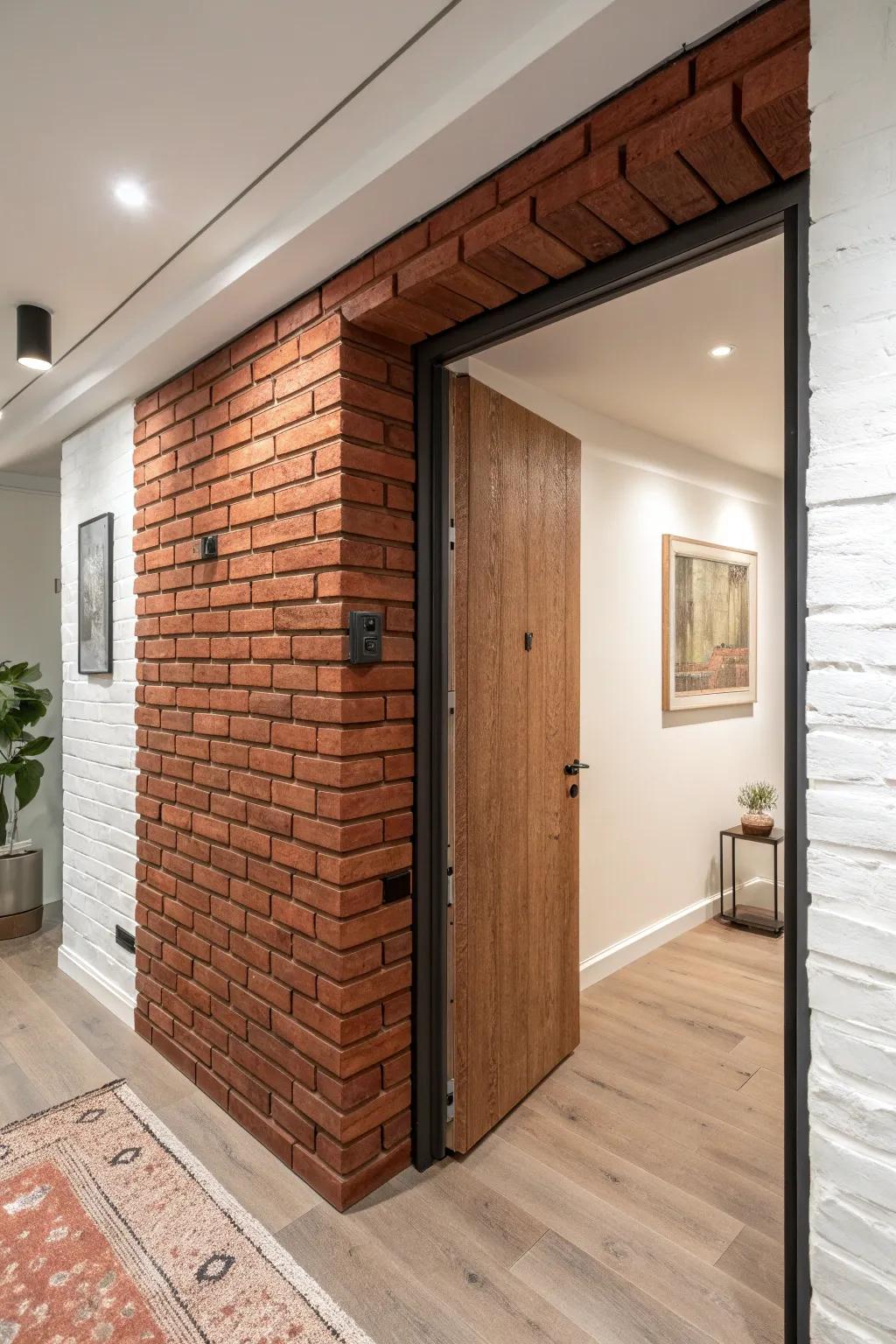 A rotating brick veneer pivot wall that reveals a hidden safe-room door—clean, bold, and discreet.