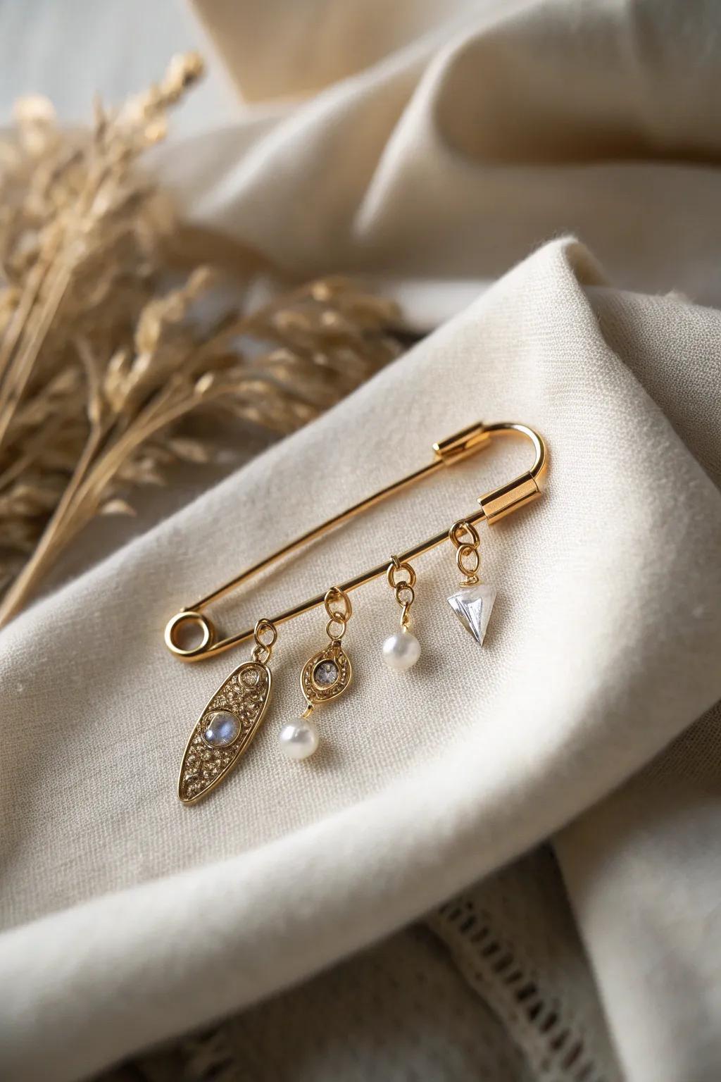 Add a touch of glamour to your evening wear with a chic safety pin adorned with charms.