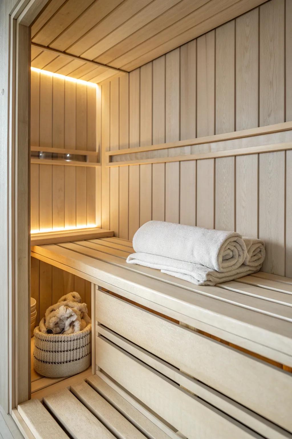 A built‑in sauna cubby keeps towels warm and ready—tiny detail, big spa‑luxe comfort.
