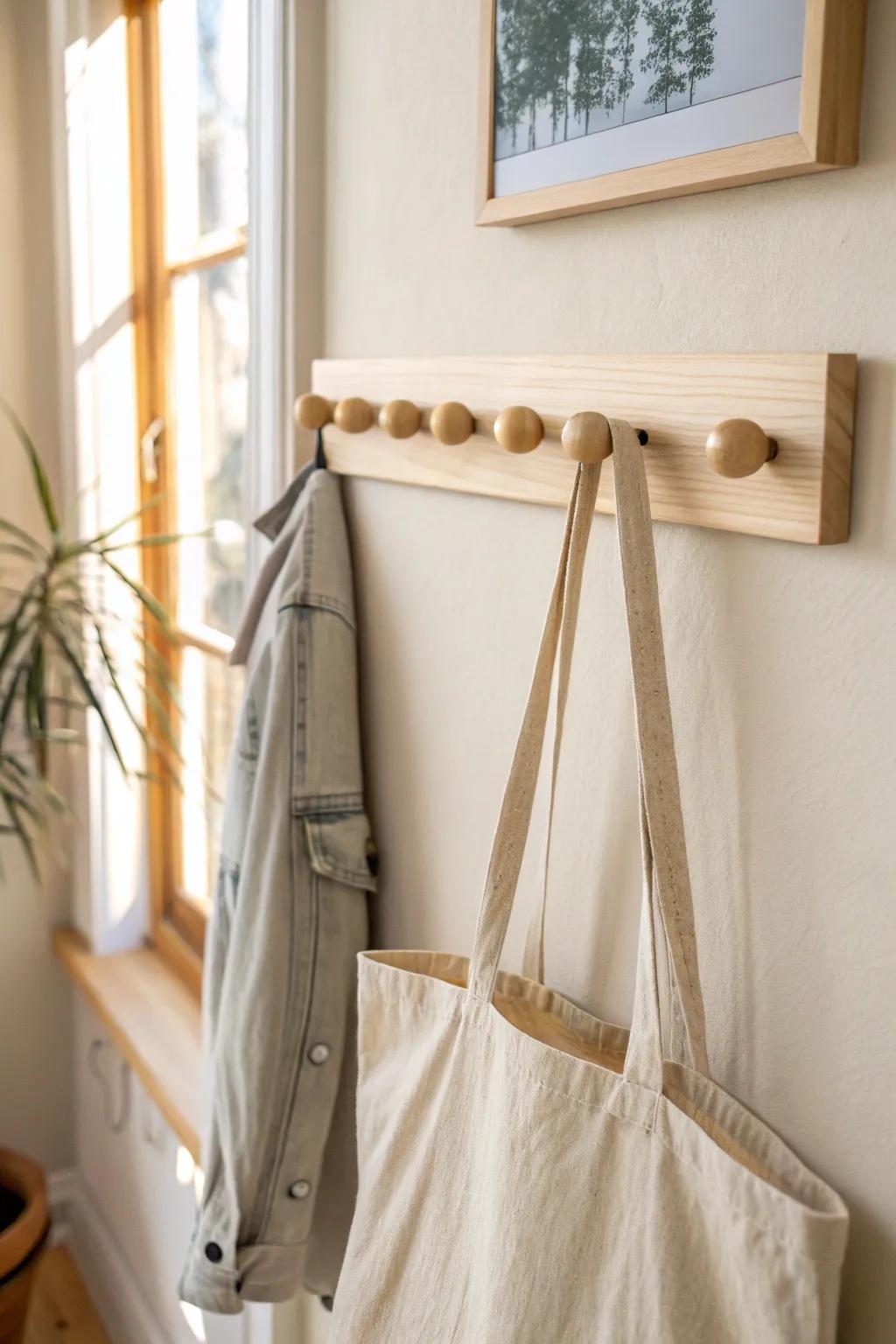 Minimal birch peg rail: beautiful Scandi storage that turns everyday essentials into decor.