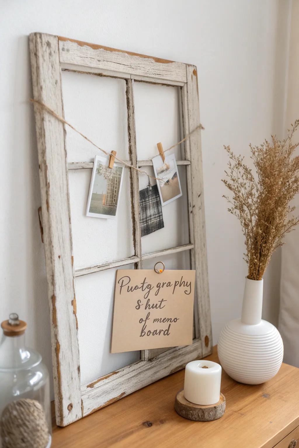 Turn a vintage window frame into a chic memo board with twine, clips, and handwritten notes.