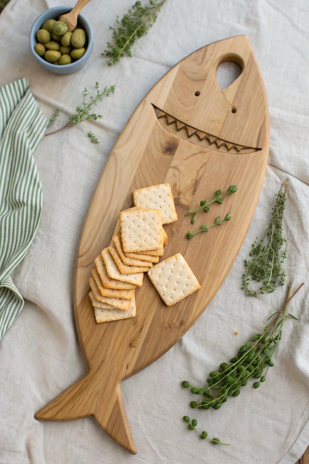 Cracker “cave” tunnel adds underwater depth to a shark charcuterie board—simple, striking.