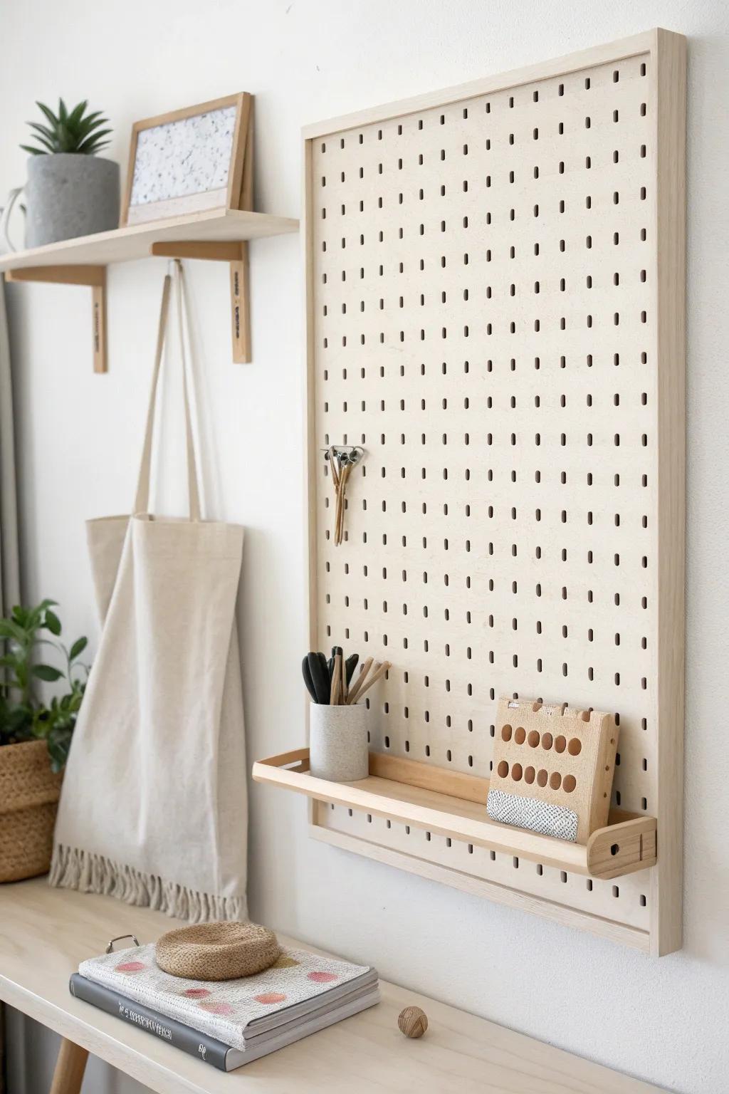 A pegboard shelf cover hides clutter while adding beautiful, functional hanging storage.