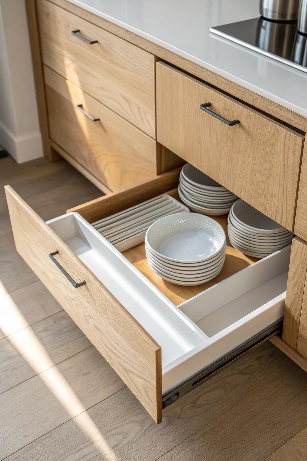 Hidden toe‑kick pull‑out shelf: a bonus drawer for trays and wraps in your base cabinets.