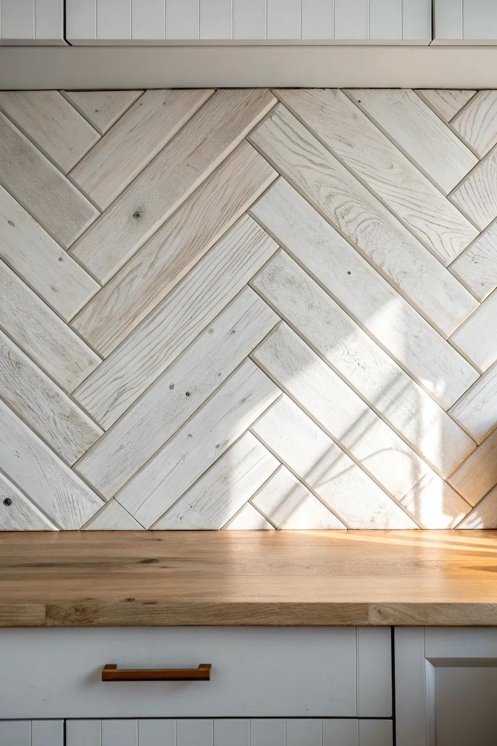 Herringbone shiplap backsplash: farmhouse charm meets modern minimalism in one artisan detail.