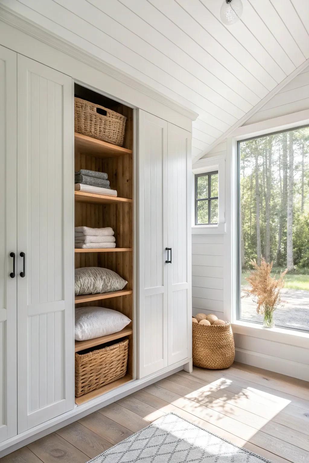 A shiplap wall that secretly opens for hidden storage—clean, bright, and beautifully practical.