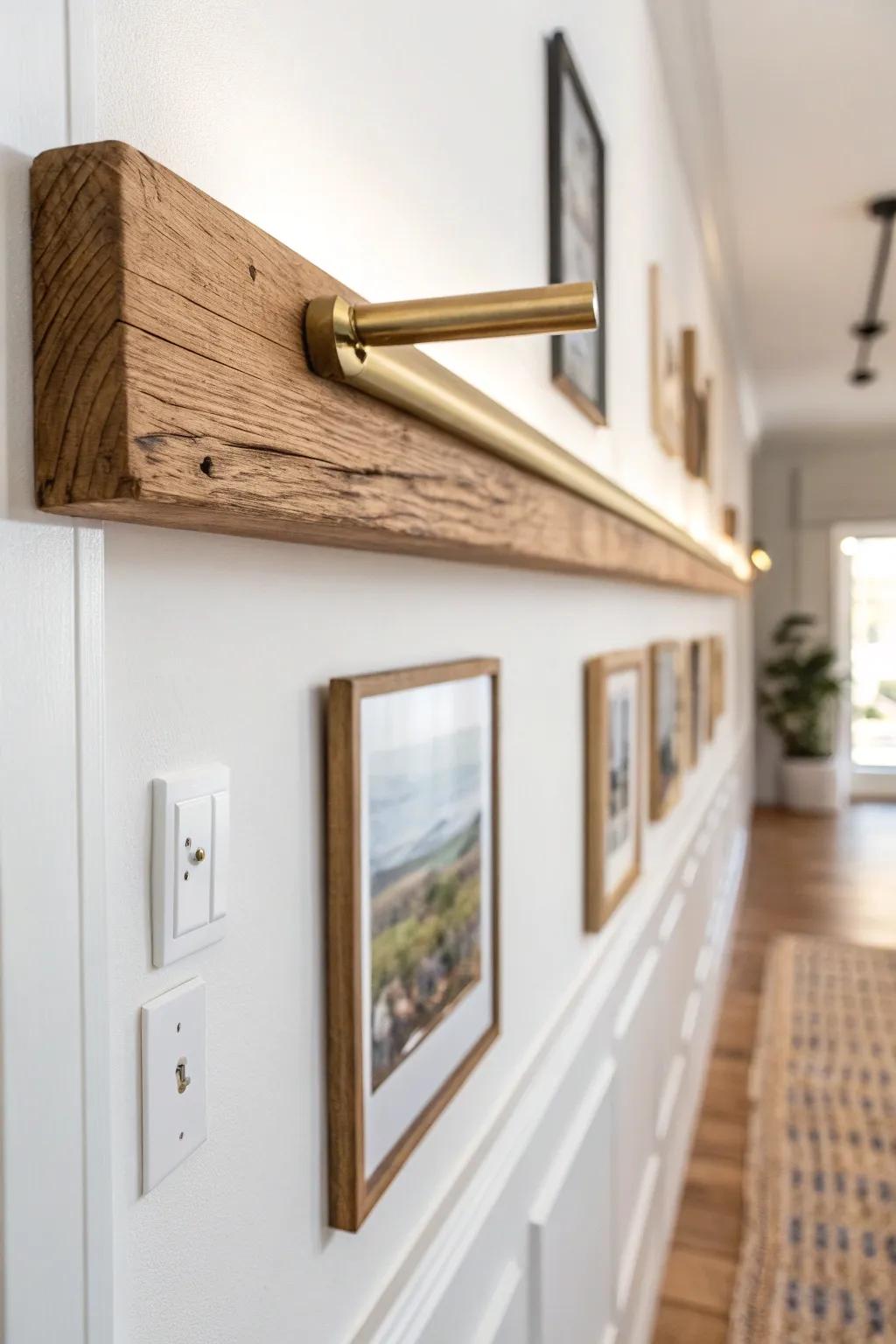Gallery hallway glow: a reclaimed-wood picture ledge with brass light, perfect for shouse art.