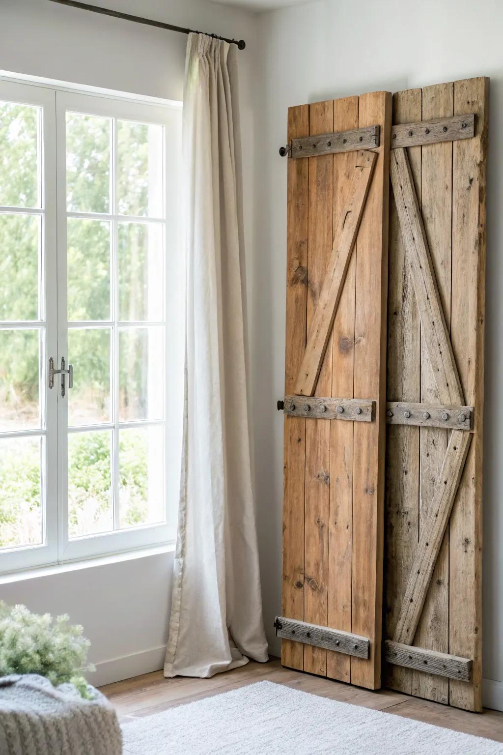 Reclaimed wood shutters add instant rustic character—knots, saw marks, and soulful warmth.