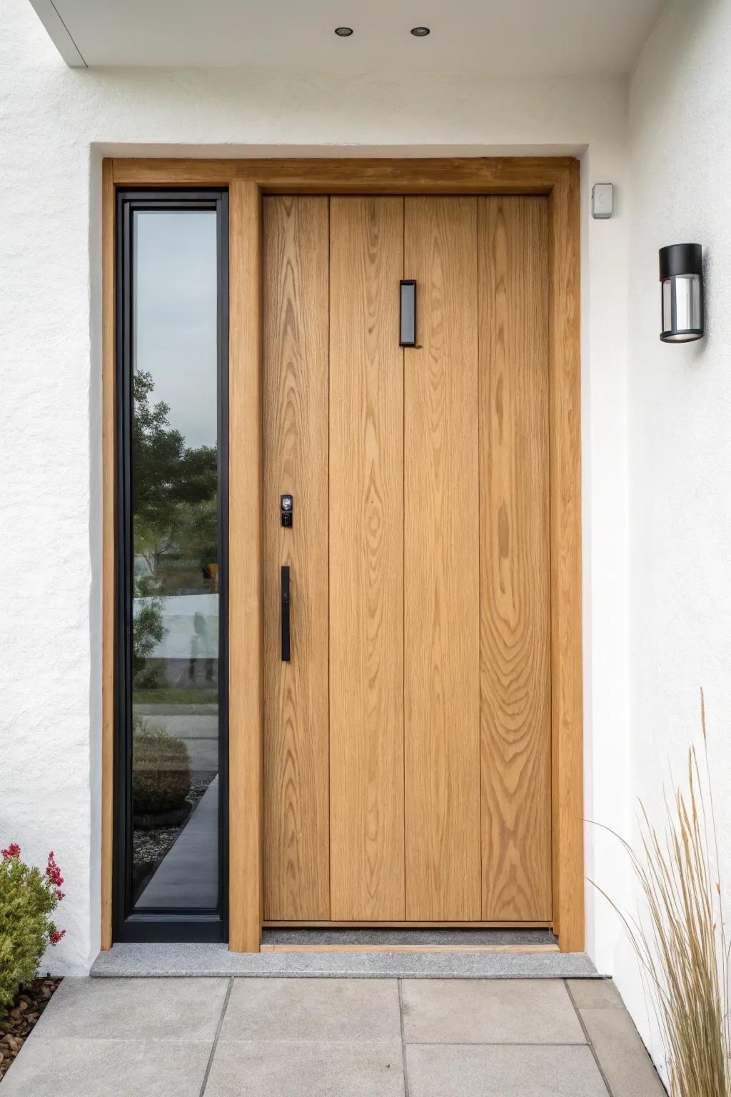 A slim glossy resin stripe turns a minimalist wood front door into a one‑of‑a‑kind statement.