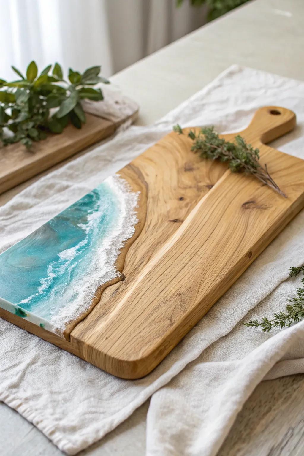 Frozen-ice resin + blonde wood: a modern ski-lodge accent that glows by firelight.