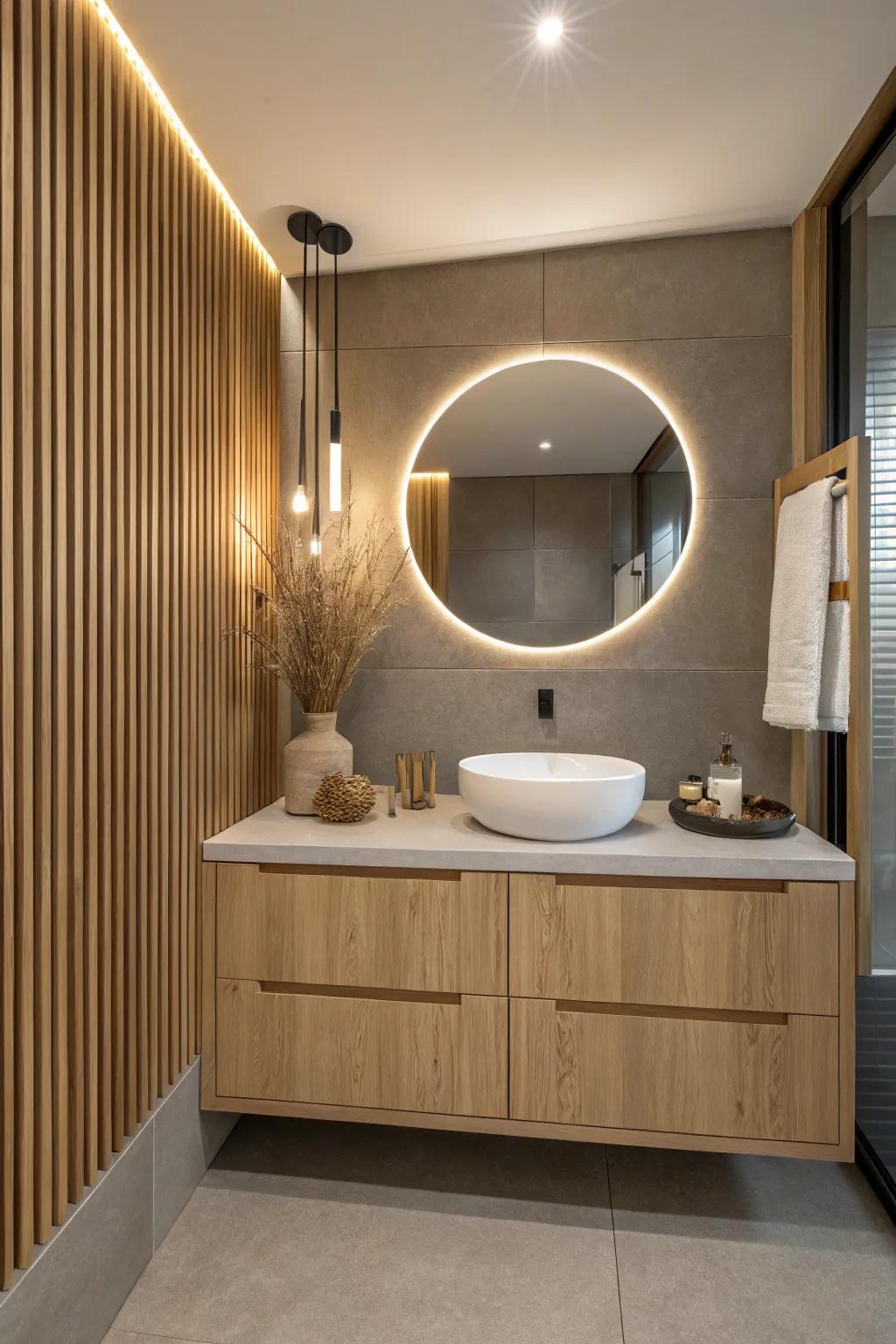 A short slat wall strip onto the ceiling turns your vanity into a warm, cozy alcove.