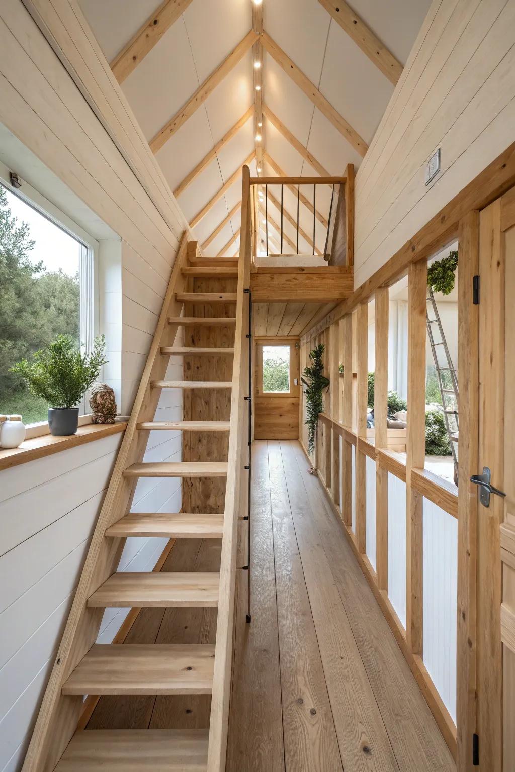 A dramatic oak catwalk link between sleeping lofts—strong rails, soft plants, cabin-cozy style.