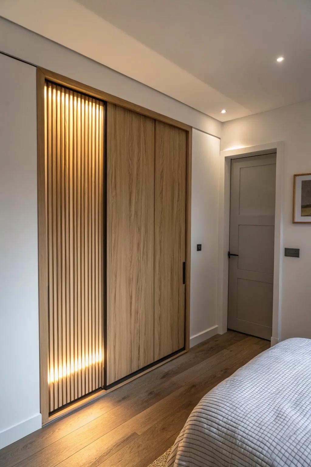 Warm LED backlit oak slats turn a simple sliding closet door into a calm, custom glow.