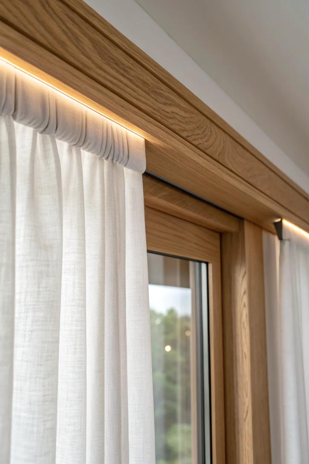 Floating linen curtains emerge from hidden oak trim, framed by a warm, soft LED glow.