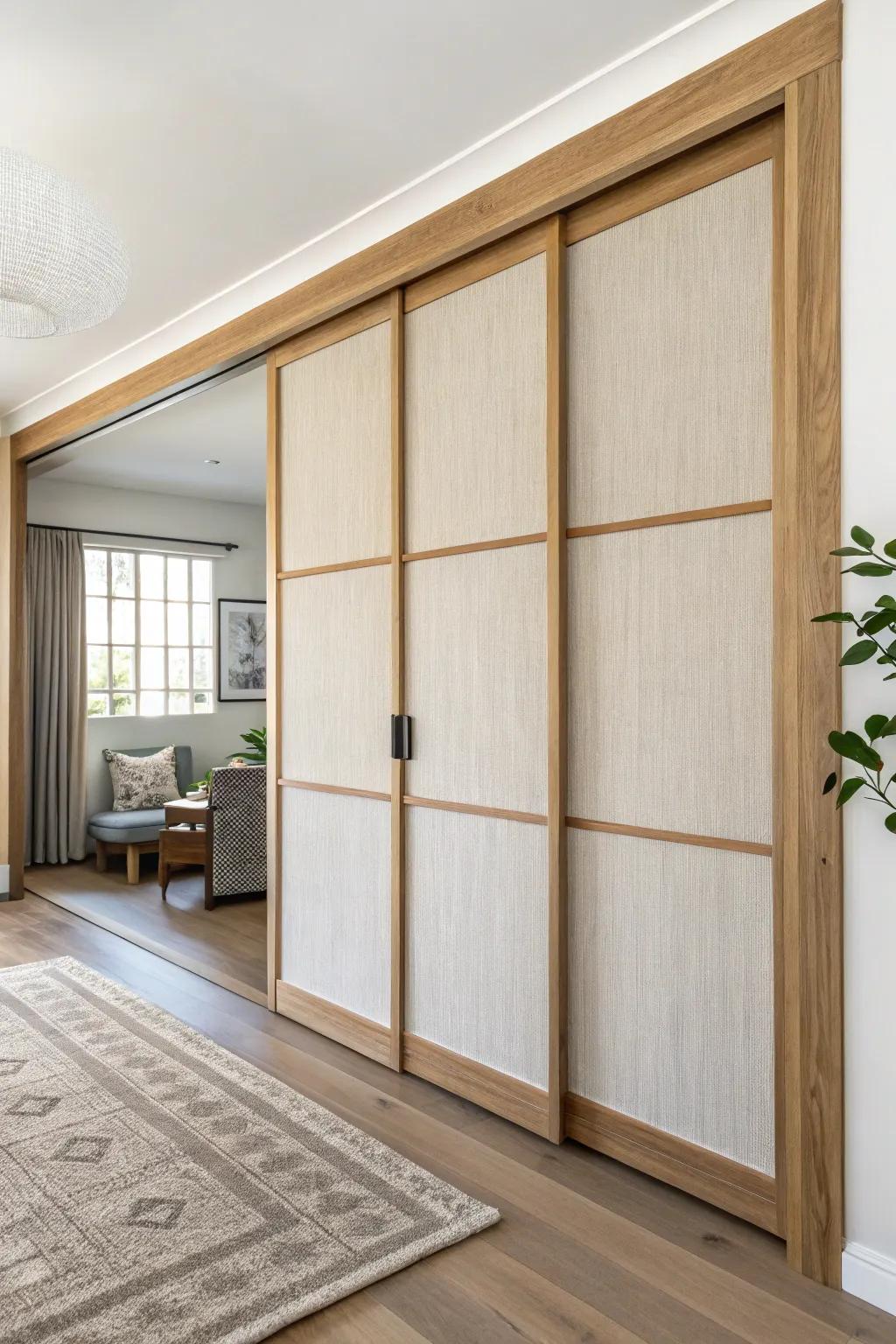 Quietly chic: an oak sliding wall with linen acoustic infill for softer, warmer spaces.