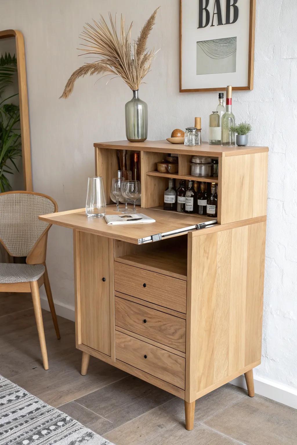 Desk by day, cocktail station by night—this slim oak bar counter hides clever storage.