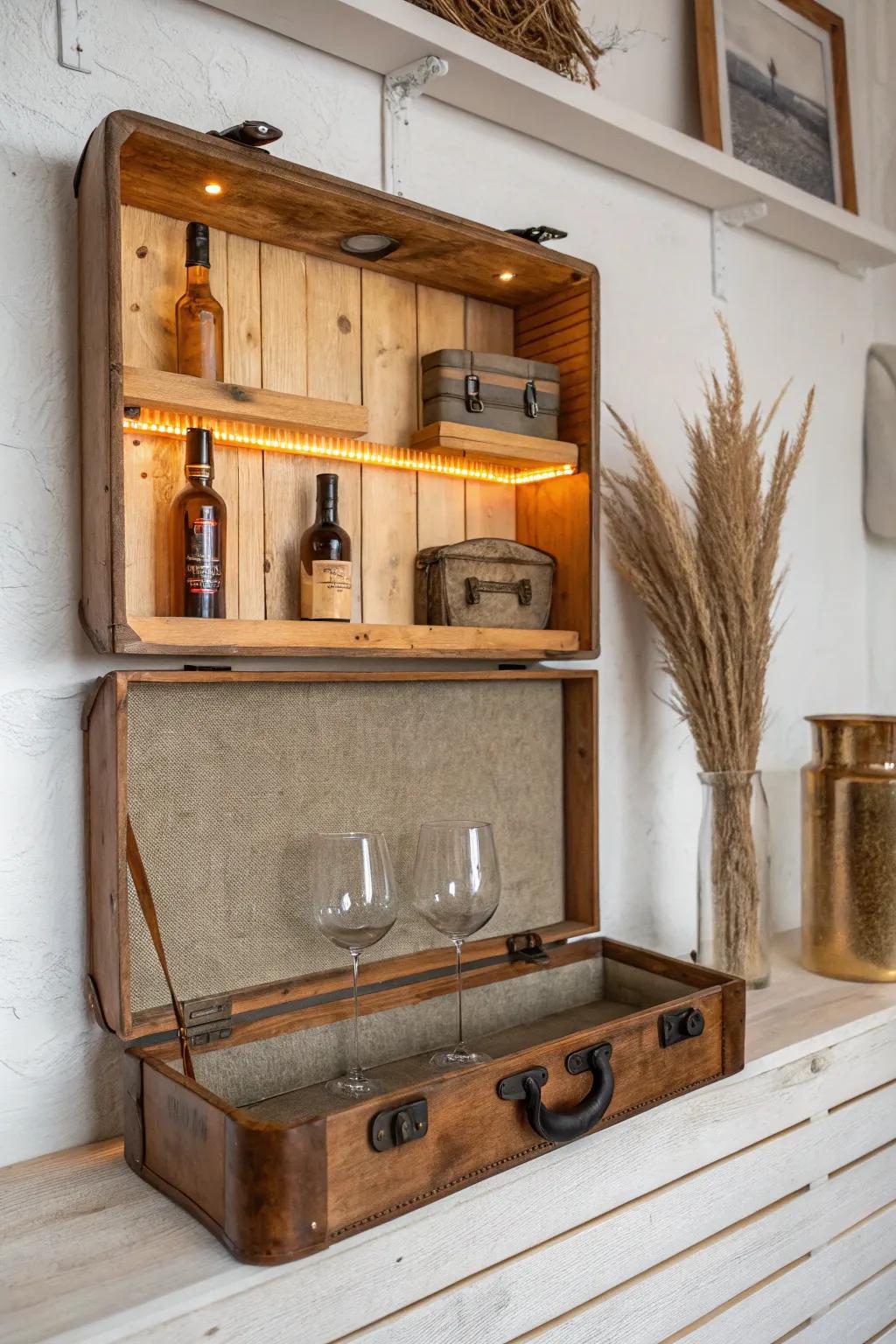 Vintage suitcase wall bar with reclaimed wood shelves and warm accent lighting—small-space magic.