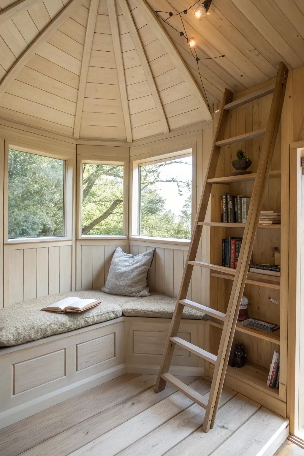 A secret cupola reading nook in pale oak—linen cushion, hidden hatch, and sunlit views.