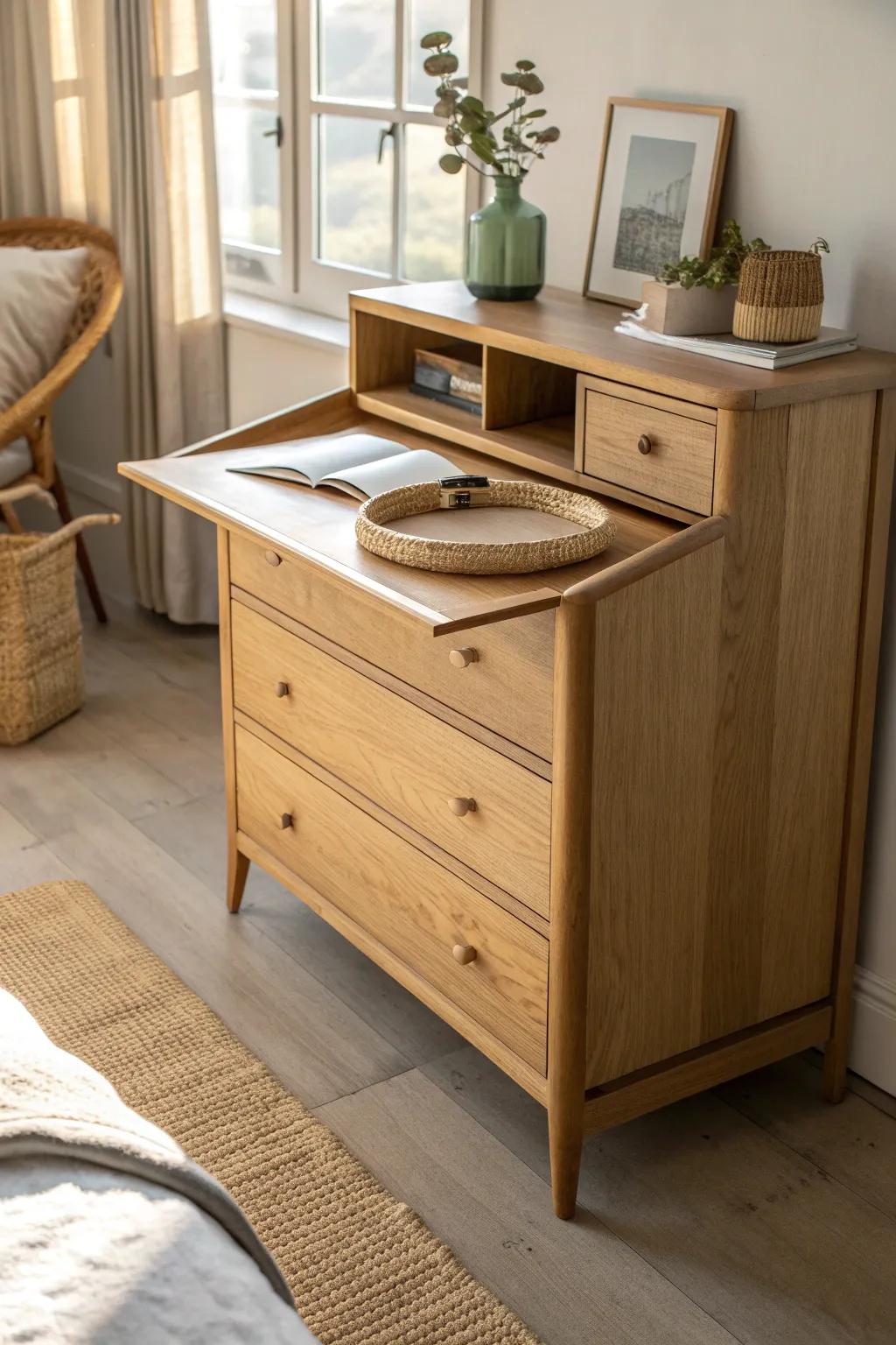 A dresser that hides a pull-out desk—work in minutes, slide it away, and breathe again.