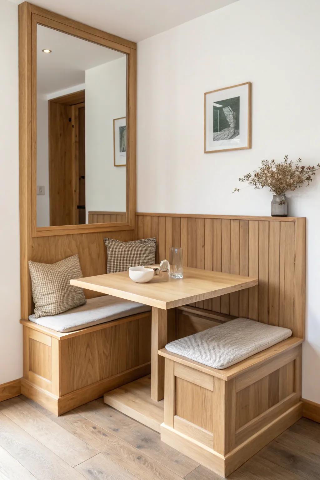 A slim reclaimed-wood framed mirror adds depth and light to a tiny booth nook.