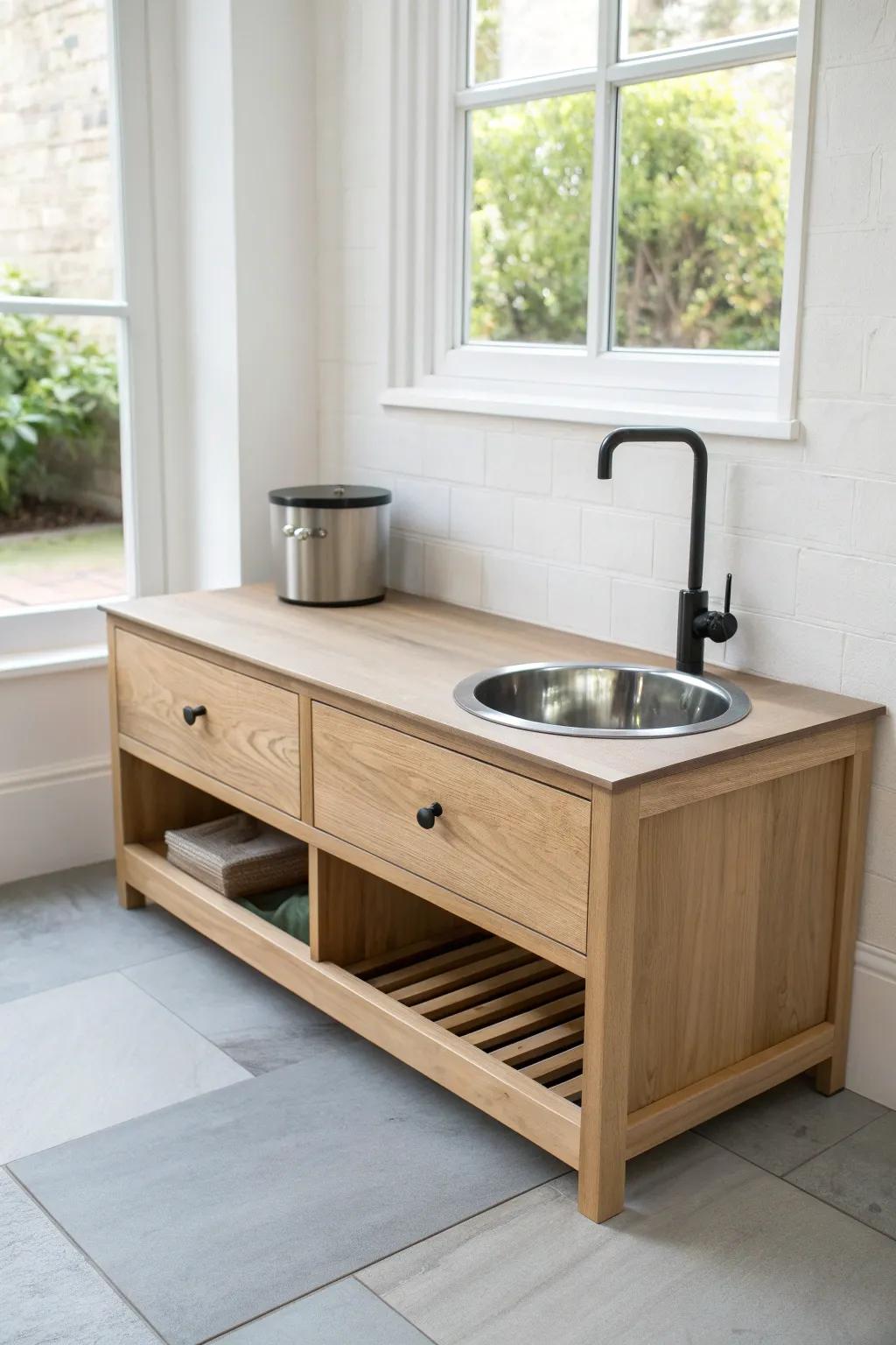 Light oak bench hides a sleek pet-wash drawer—muddy paws stay neatly contained in the breezeway.