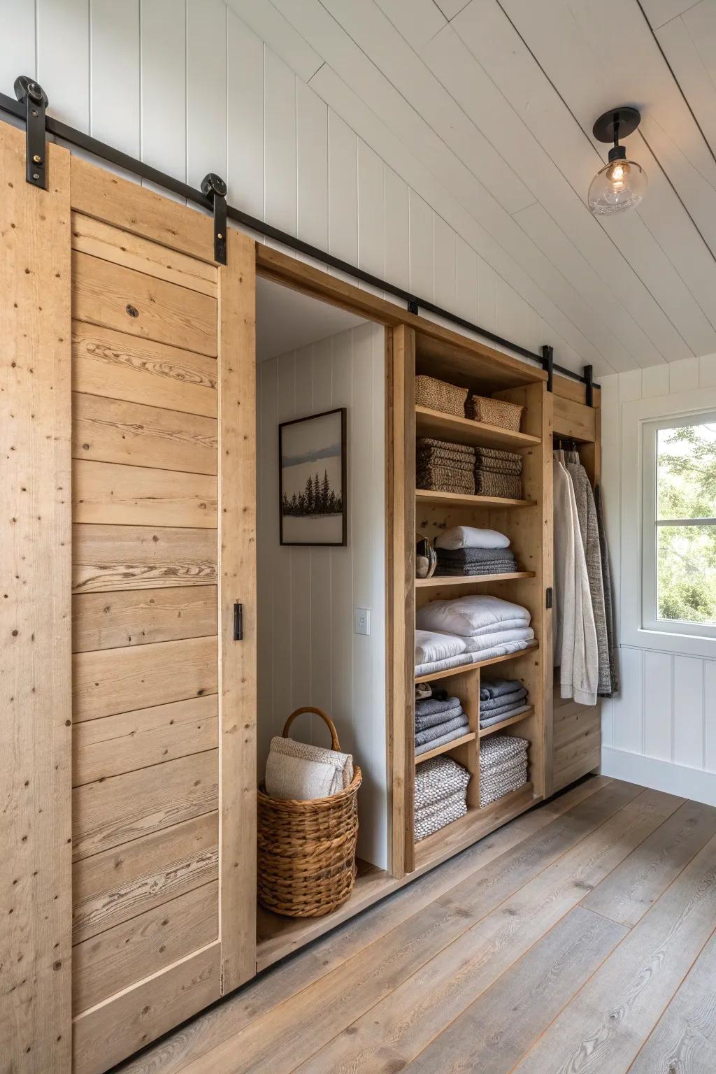 A sliding plank accent wall that looks stunning—and secretly hides shelves and utility storage.