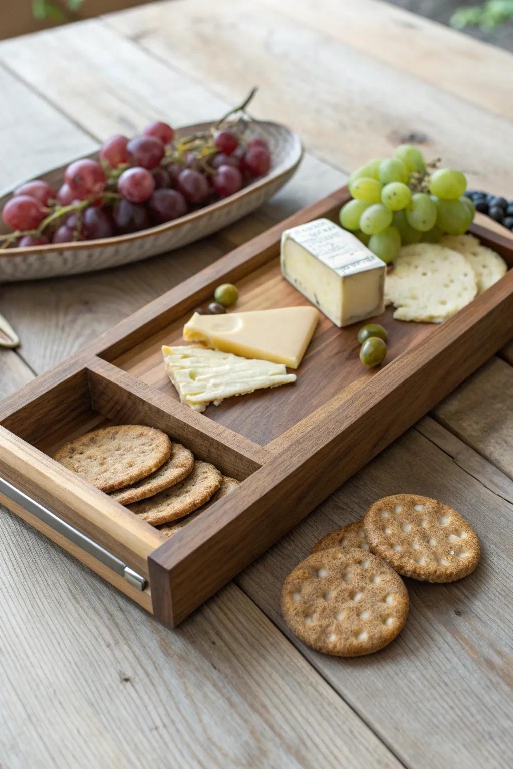 Tiny pull-out drawer cheese board—serve on top, stash crackers and napkins underneath.