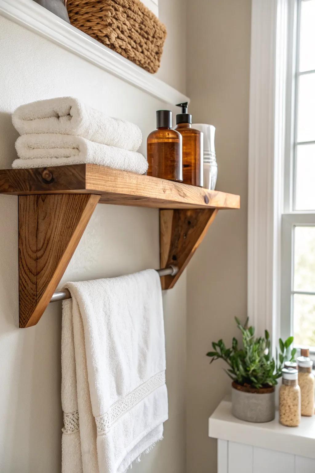 Chunky wood brackets + open shelving add warm Craftsman storage without crowding.