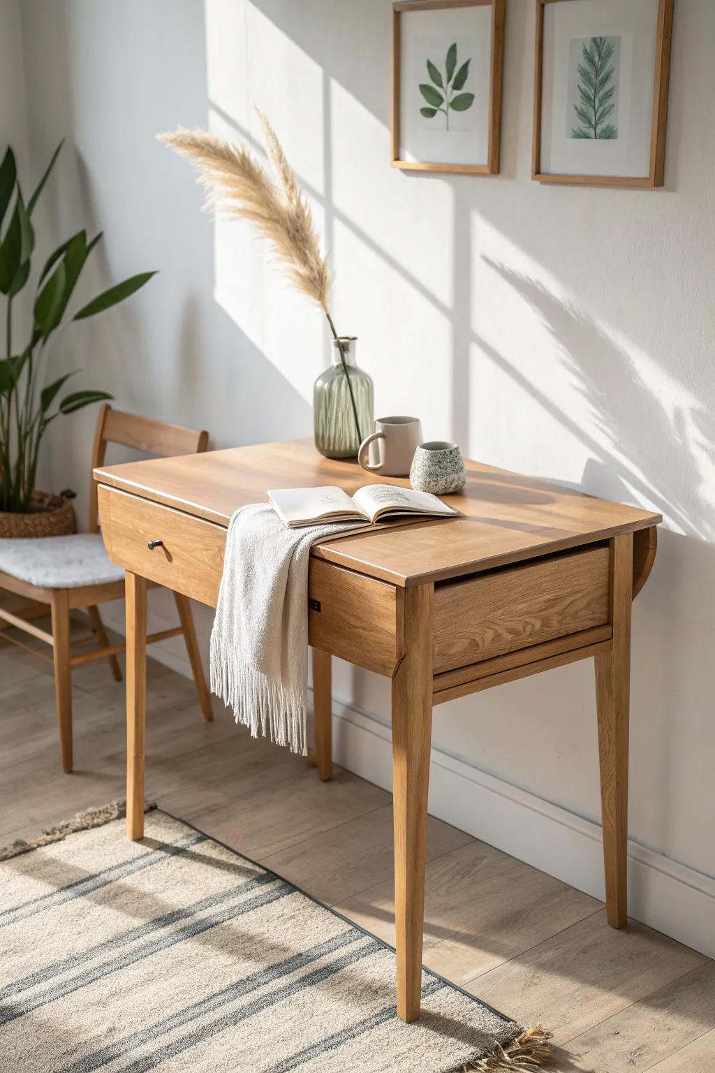 A space-saving drop-leaf desk in light oak—expand for work, fold down for calm.