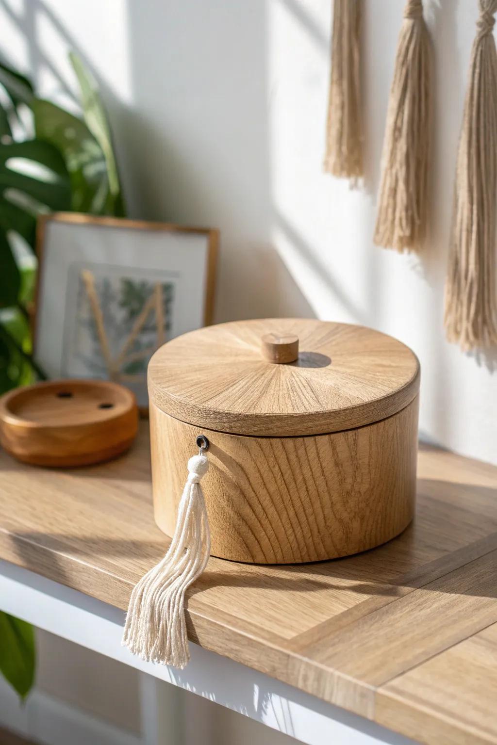 A pretty lidded wood box hides charging cords and keeps your entry table calm and clutter-free.